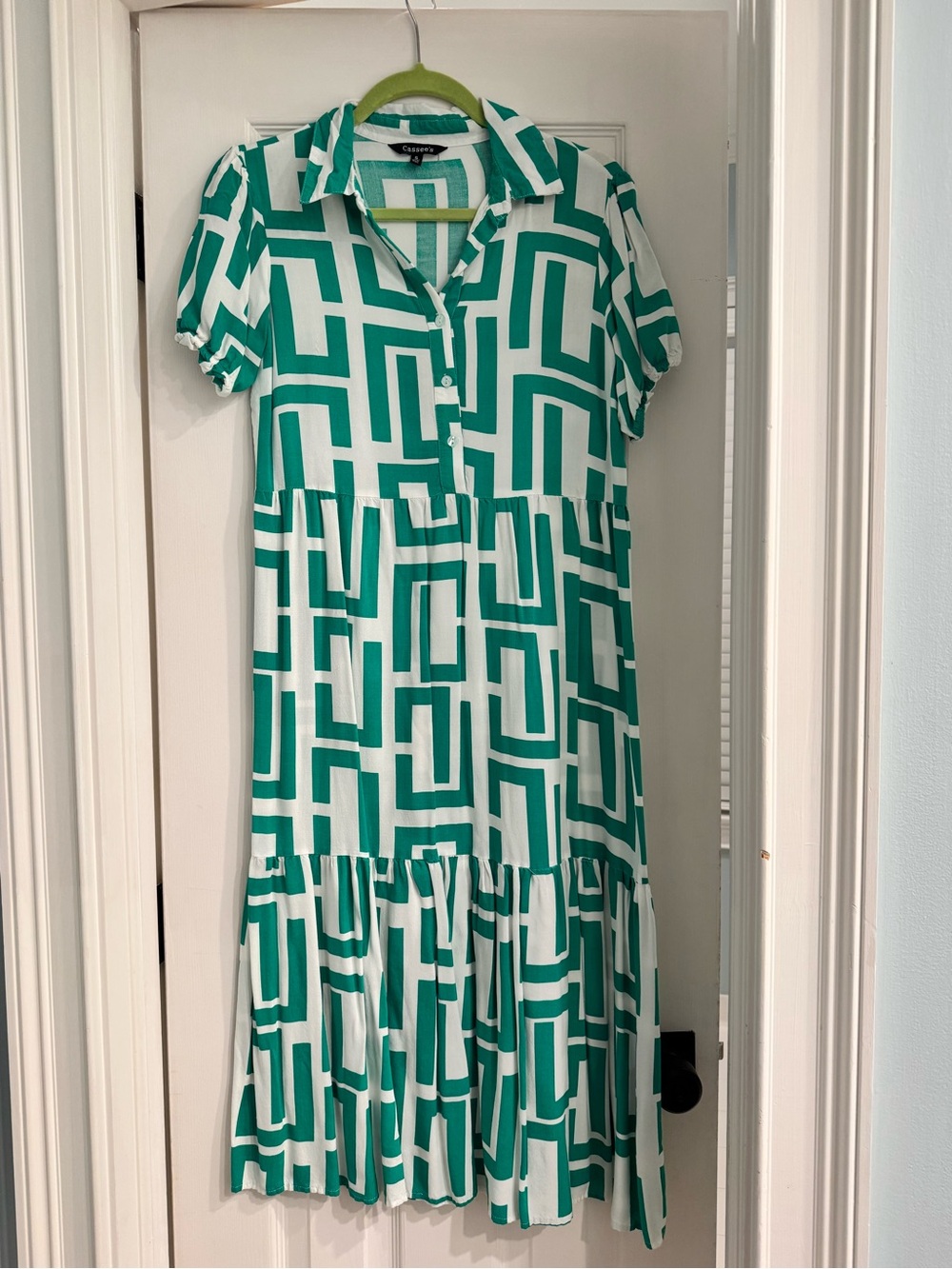 Geometric Green & White Midi Shirt Dress